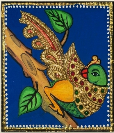 Golden Parrot Tanjore Painting 5x5 inches