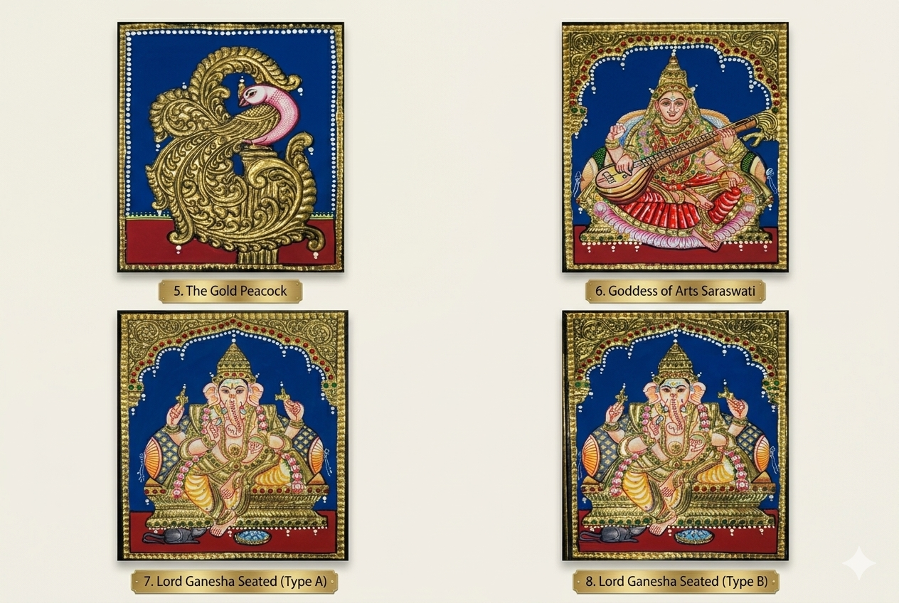 Thanjavur Painting – The Gold Peacock (8x6 inches)