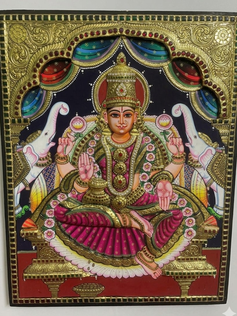 Thanjavur Painting – Gajalakshmi (Deep Embossed)