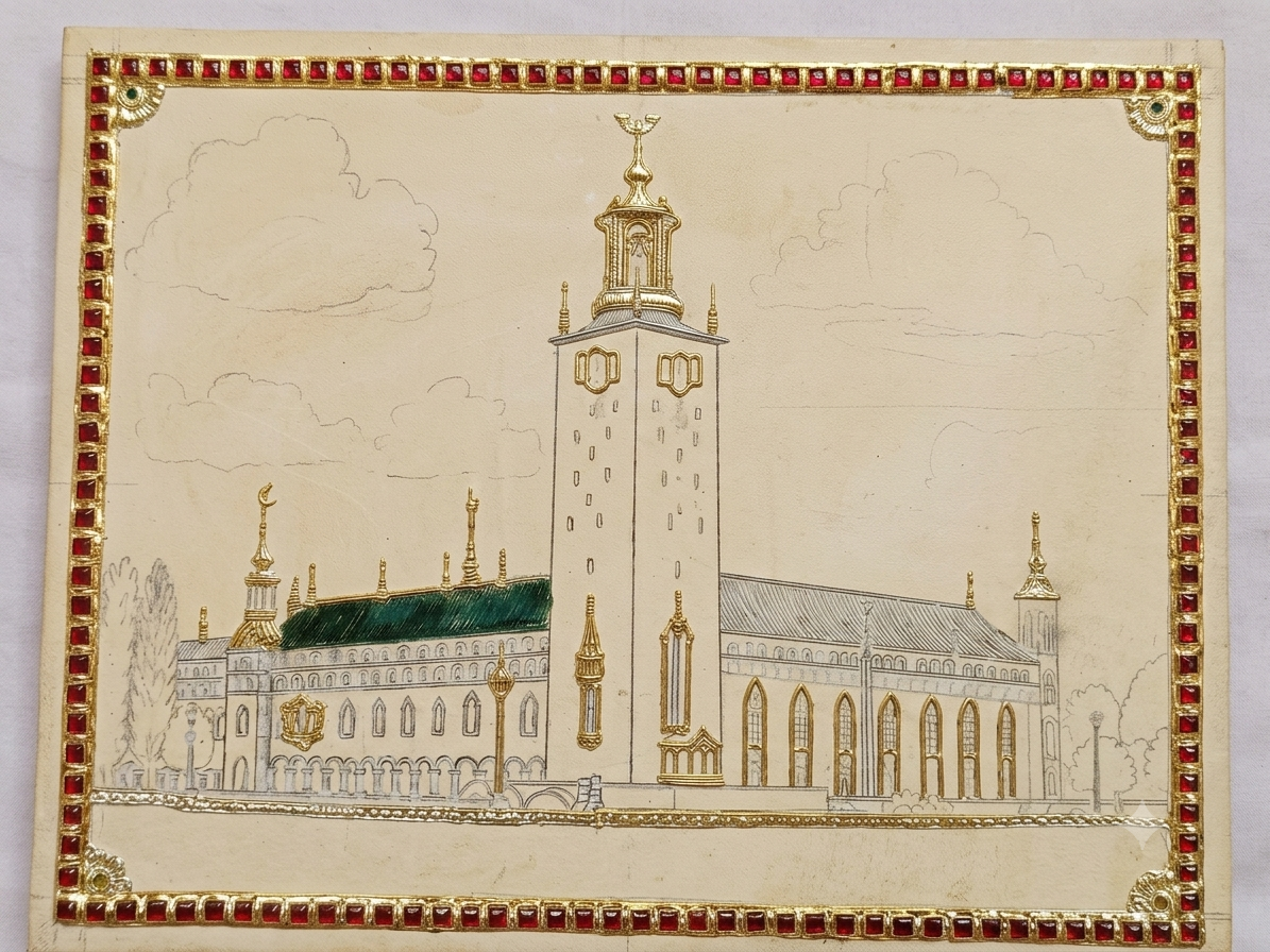 Stage 1 – Hand-drawn stencil on white hardboard with 22K gold relief work and ruby-red gemstone border frame