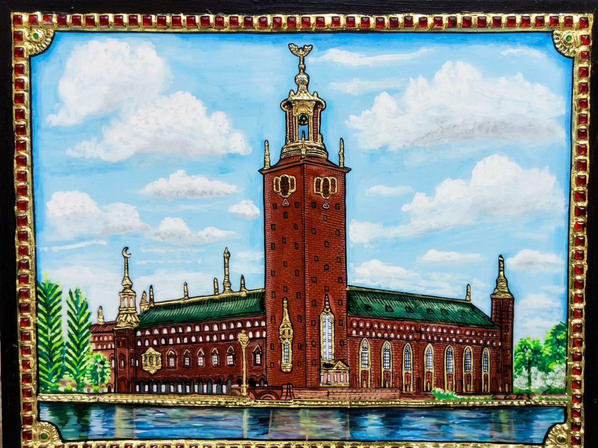 Final masterpiece – Stockholm City Hall in Tanjore style with full colour, sky, water, trees, gold work and gemstone border