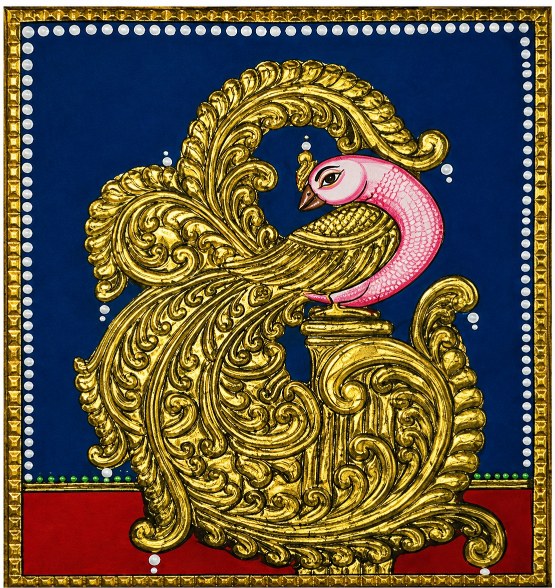 Golden Peacock Tanjore Painting 6x8 inches