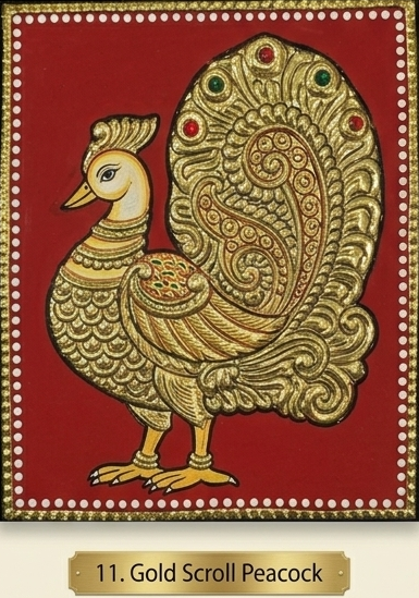 Gold Scroll Peacock Tanjore Painting 5x5 inches