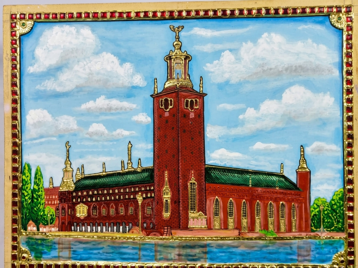 Stage 2 – Semi-finished Tanjore painting with gold embellishments, copper roof colour and architectural details taking shape