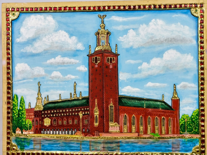 Stage 2 – Semi-finished Tanjore painting with gold embellishments, copper roof colour and architectural details taking shape