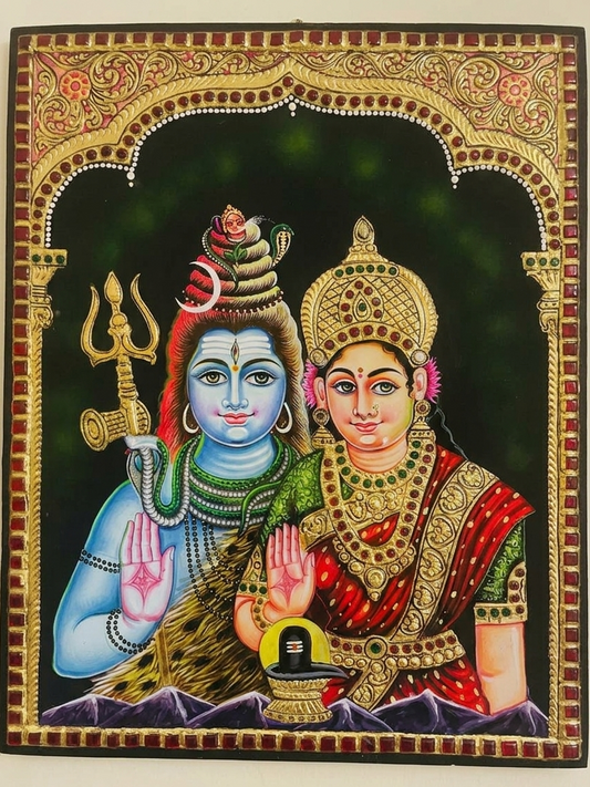 Thanjavur Painting – Lord Shiva & Parvathi with Shivalingam