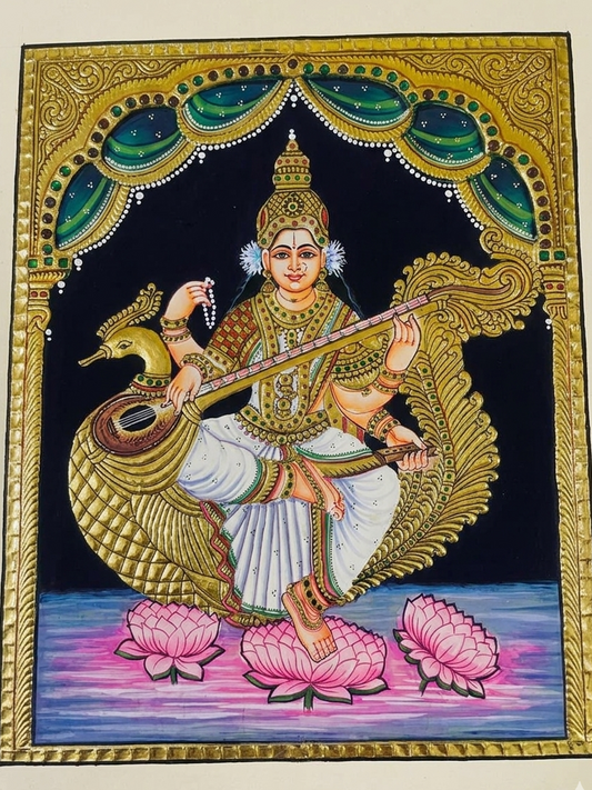 Thanjavur Painting – Saraswathi with Veena on Swan